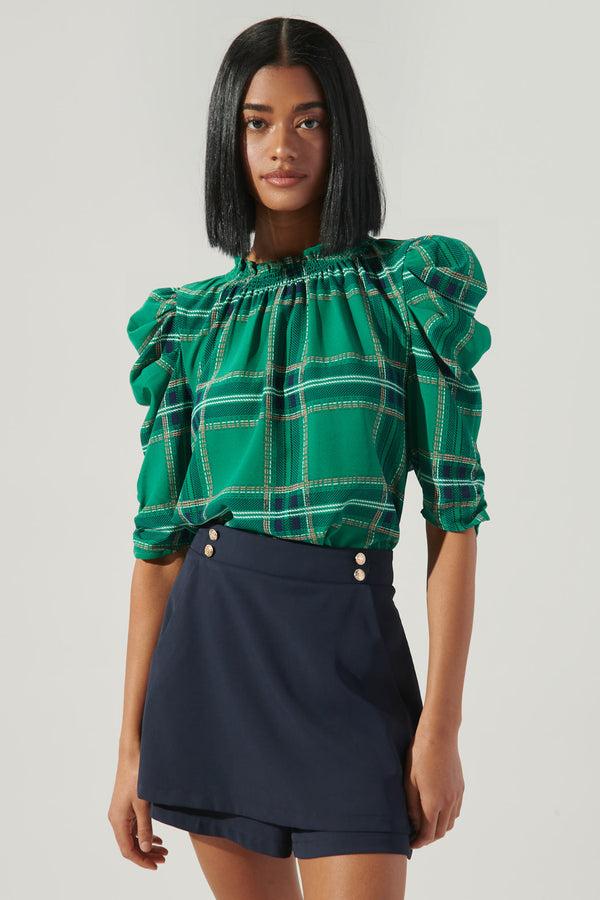 sugarlips Woodland Jade Plaid Drape Sleeve Top