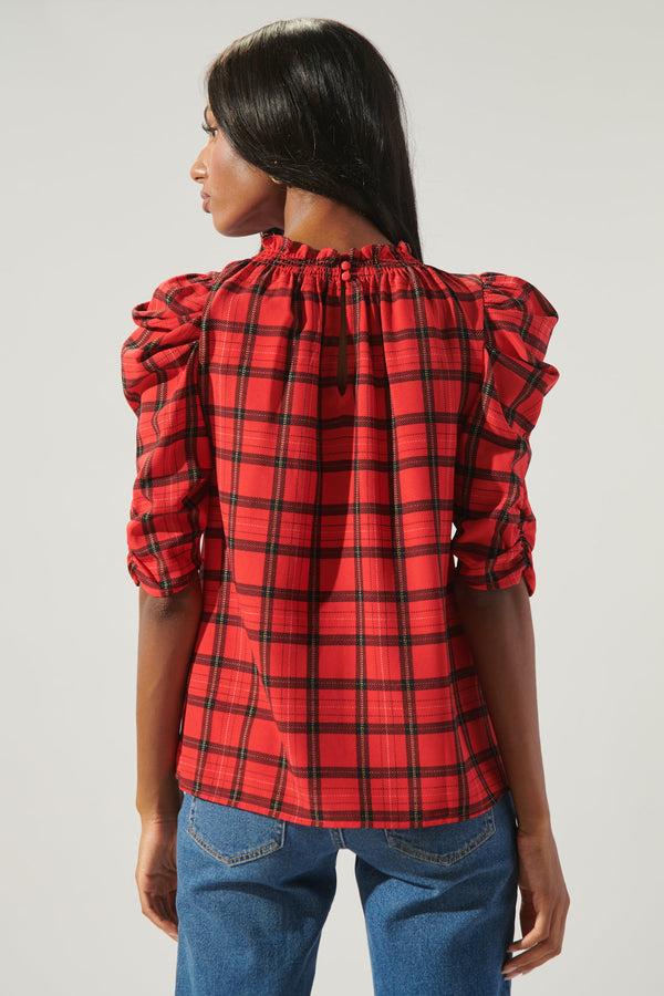 Sugarlips Woodland Red Plaid Drape Sleeve Top
