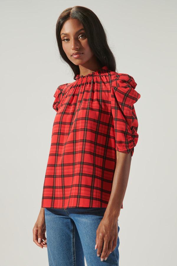 Sugarlips Woodland Red Plaid Drape Sleeve Top