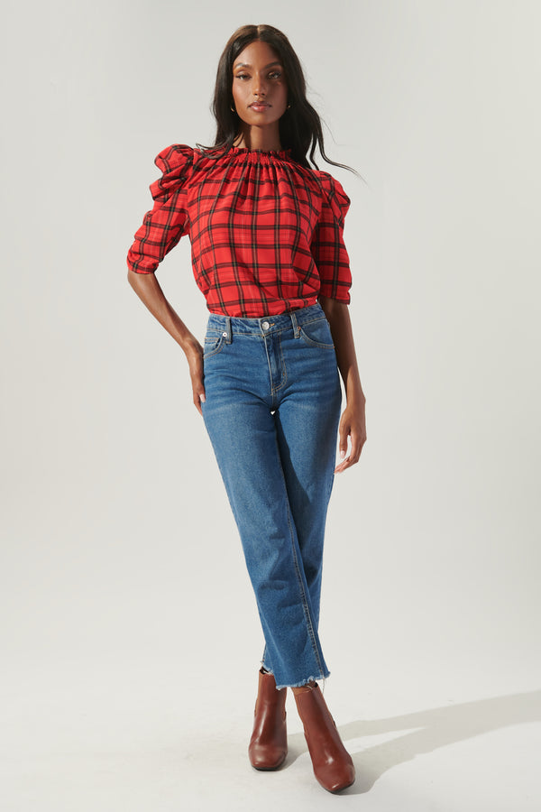 Sugarlips Woodland Red Plaid Drape Sleeve Top
