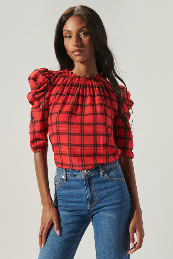 sugarlips Woodland Red Plaid Drape Sleeve Top