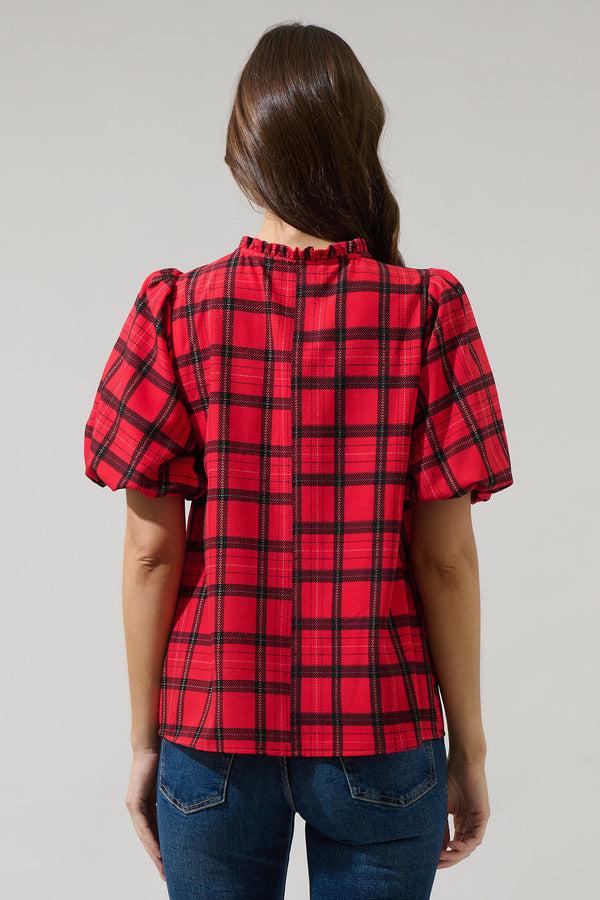 Sugarlips Woodland Red Plaid Split Neck Blouse