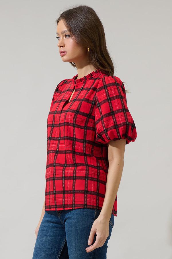 Sugarlips Woodland Red Plaid Split Neck Blouse