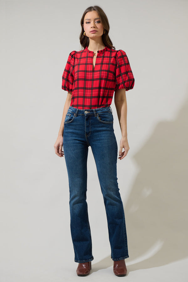 Sugarlips Woodland Red Plaid Split Neck Blouse