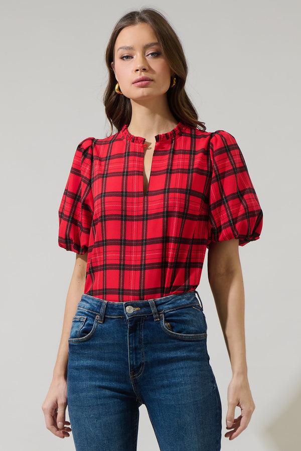 sugarlips Woodland Red Plaid Split Neck Blouse