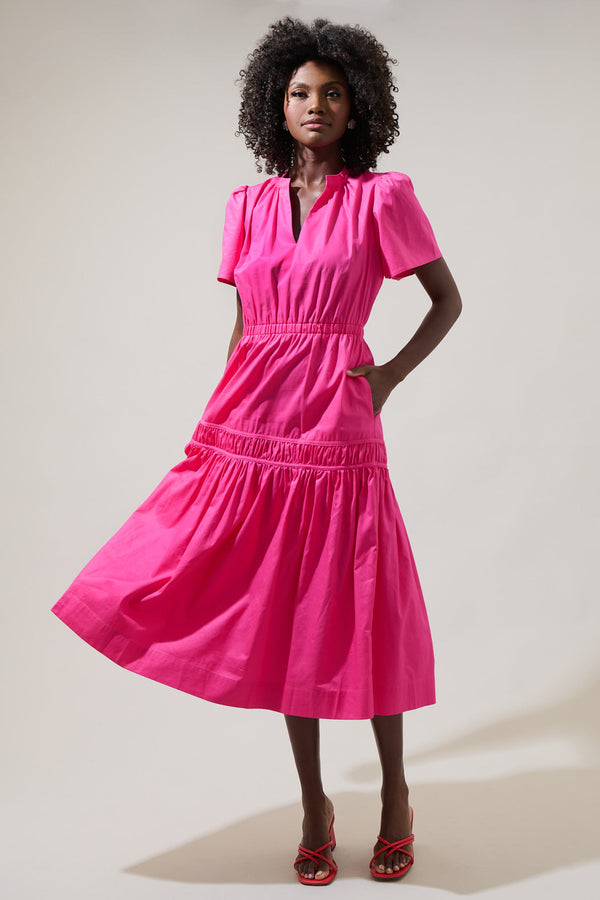 Sugarlips Xoe Split Neck Smocked Midi Dress