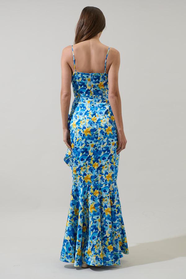 Sugarlips Zia Floral Satin Doris Ruffle Maxi Dress
