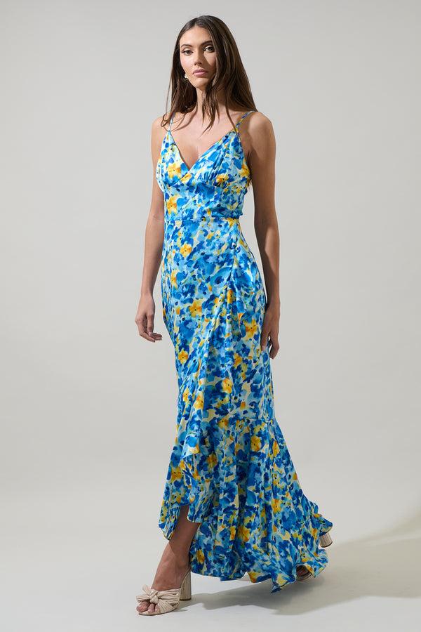 Sugarlips Zia Floral Satin Doris Ruffle Maxi Dress