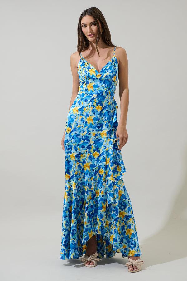 sugarlips Zia Floral Satin Doris Ruffle Maxi Dress