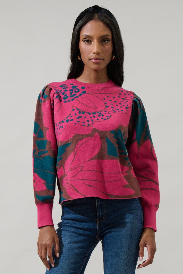Sugarlips Zinnia Floral Gathered Shoulder Sweater