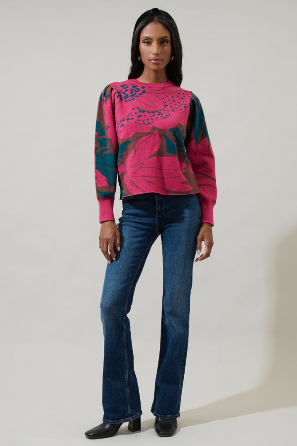 Sugarlips Zinnia Floral Gathered Shoulder Sweater