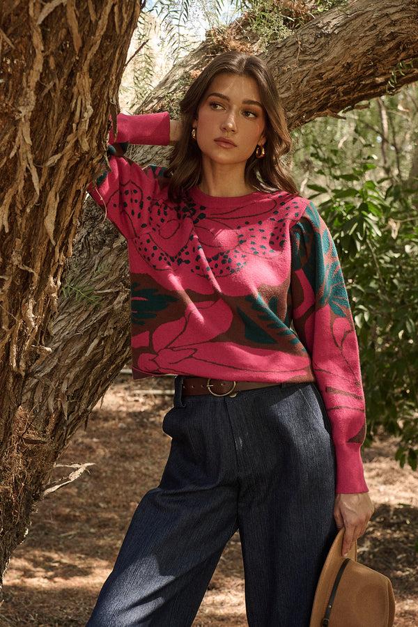 sugarlips Zinnia Floral Gathered Shoulder Sweater