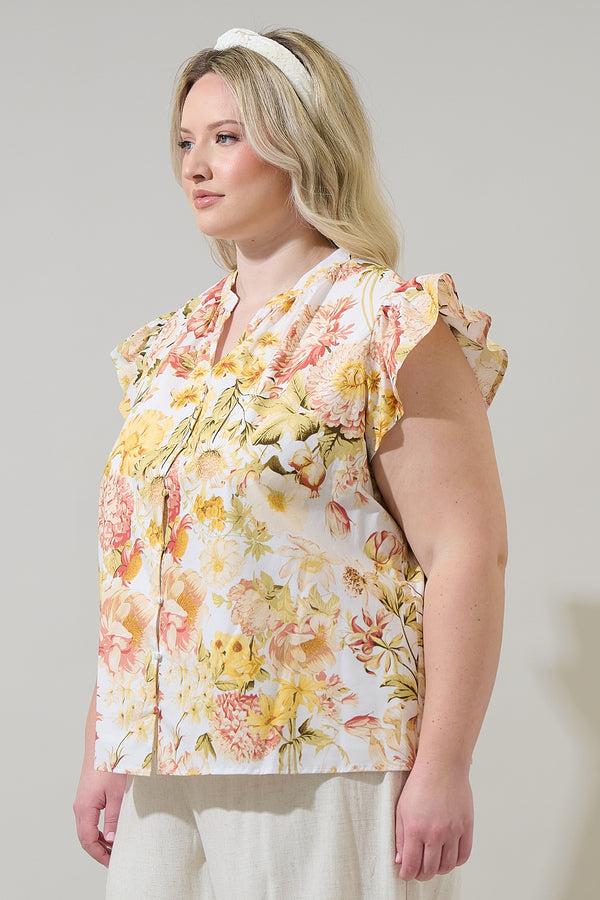 Sugarlips Zury Floral Everly Split Neck Top Curve