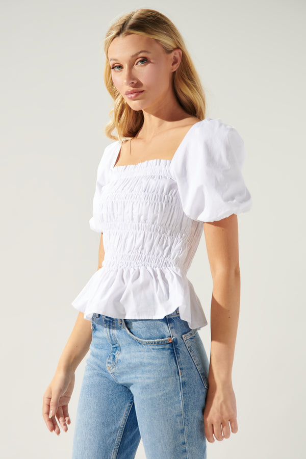 Sugarlips Sunny Stroll Smocked Puff Sleeve Peplum Top