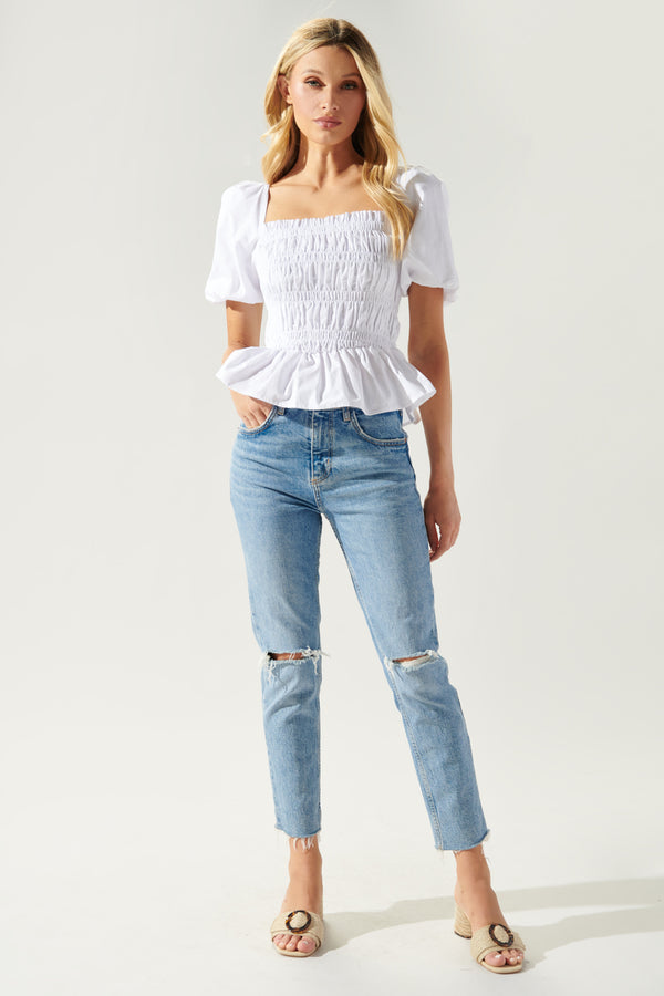 Sugarlips Sunny Stroll Smocked Puff Sleeve Peplum Top