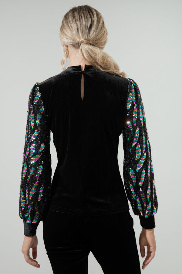 Sugarlips Supernova Velvet Mock Neck Sequin Balloon Sleeve Blouse