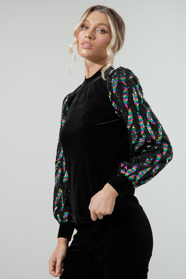 Sugarlips Supernova Velvet Mock Neck Sequin Balloon Sleeve Blouse