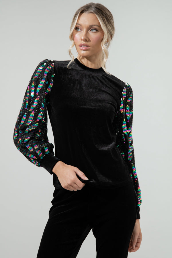 Sugarlips Supernova Velvet Mock Neck Sequin Balloon Sleeve Blouse