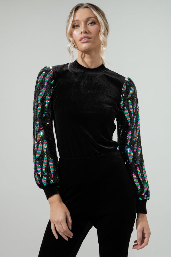 sugarlips Supernova Velvet Mock Neck Sequin Balloon Sleeve Blouse