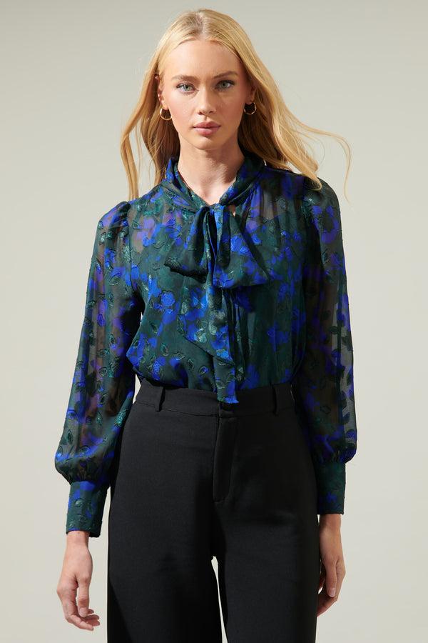 sugarlips Sweetwater Floral Organza Puff Long Sleeve Top