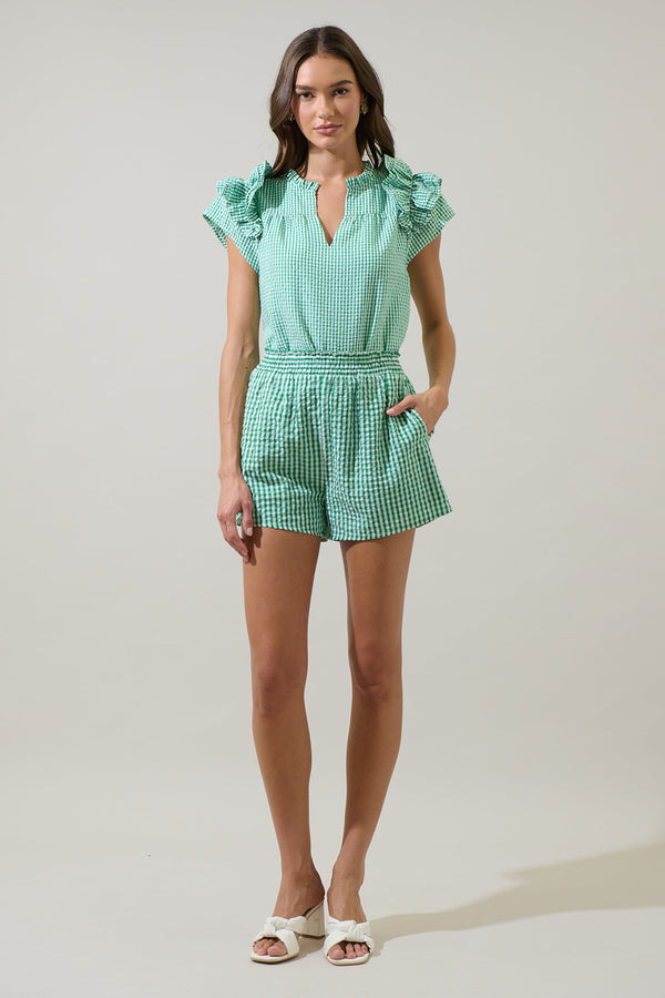Sugarlips Tamara Gingham Ramona Ruffle Split Neck Top