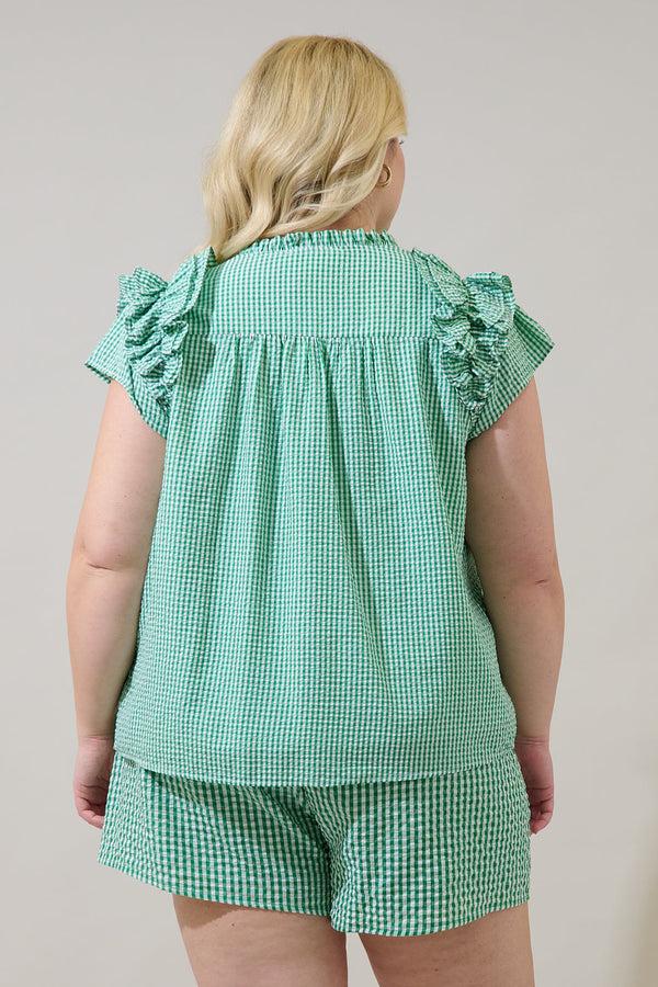 Sugarlips Tamara Gingham Ramona Ruffle Split Neck Top Curve
