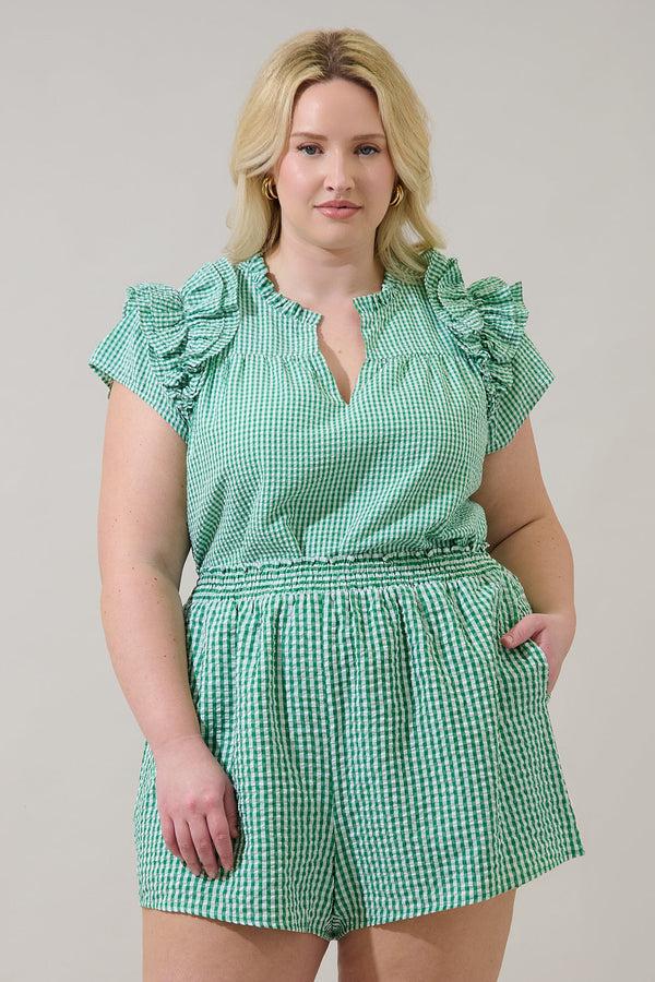 sugarlips Tamara Gingham Ramona Ruffle Split Neck Top Curve