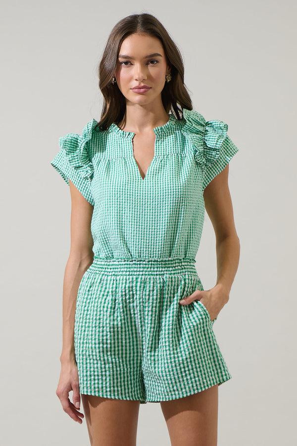sugarlips Tamara Gingham Ramona Ruffle Split Neck Top