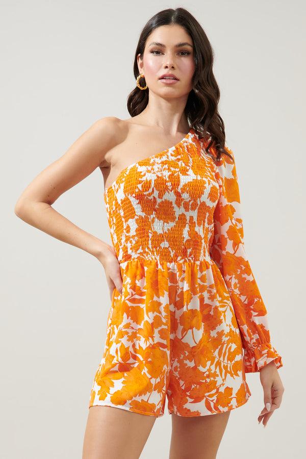 Sugarlips Tangelo Floral Kellan Smocked One Shoulder Romper