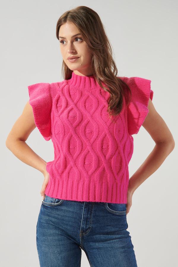 sugarlips Tatum Flutter Sleeve Cable Knit Sweater Top