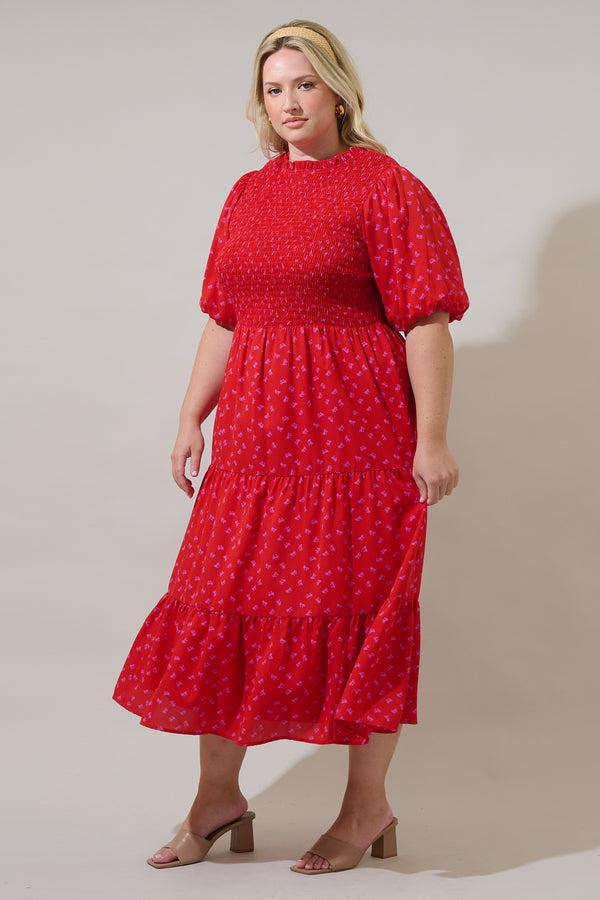 Sugarlips Tayla Bow Frazier Smocked Tiered Midi Dress Curve