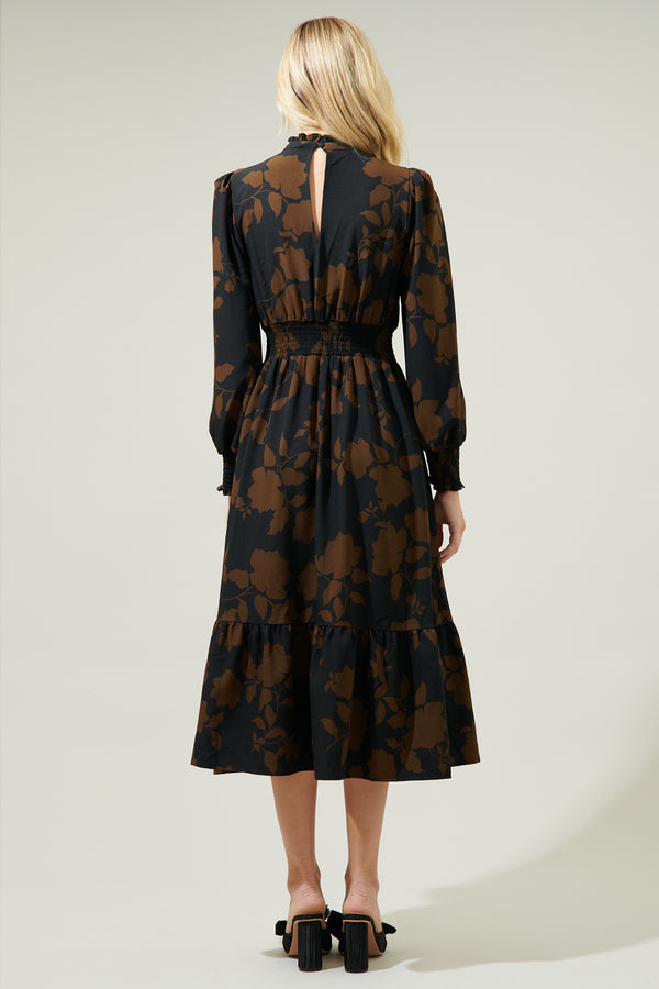 Sugarlips Toffee Floral Caitlyn Smock Sleeve Midi Dress
