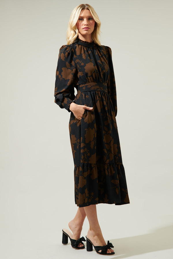 Sugarlips Toffee Floral Caitlyn Smock Sleeve Midi Dress