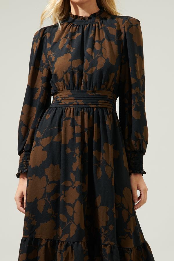Sugarlips Toffee Floral Caitlyn Smock Sleeve Midi Dress