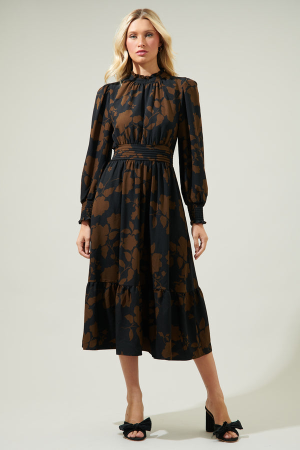 sugarlips Toffee Floral Caitlyn Smock Sleeve Midi Dress