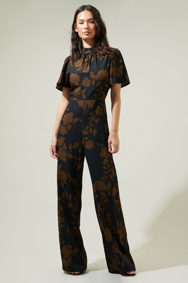 Sugarlips Toffee Floral Manuela Mock Neck Wide Leg Jumpsuit
