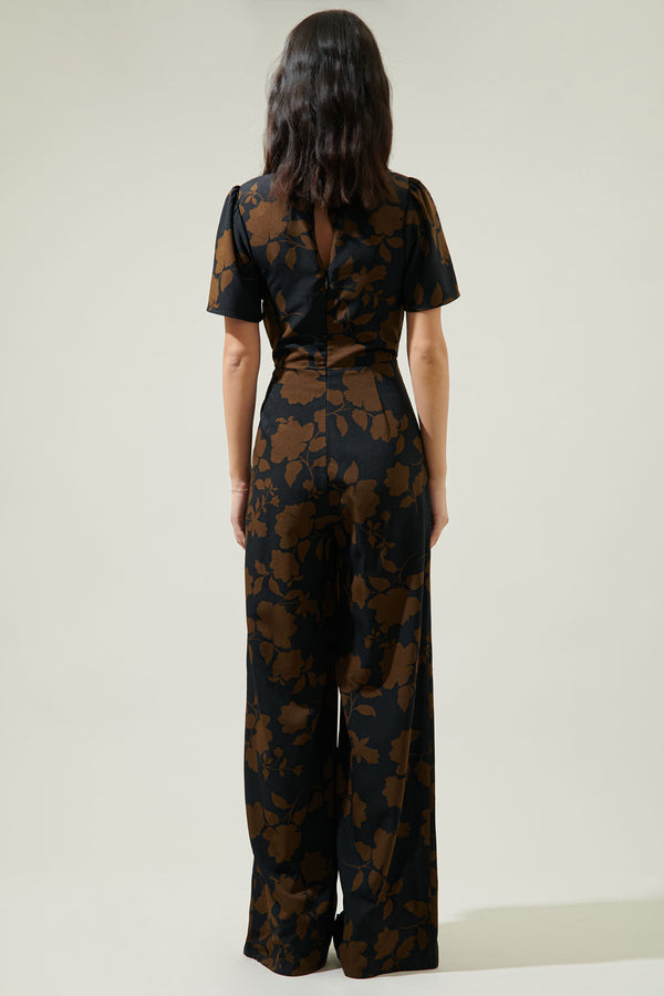 Sugarlips Toffee Floral Manuela Mock Neck Wide Leg Jumpsuit