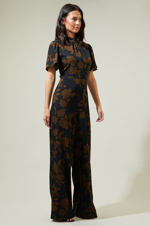 Sugarlips Toffee Floral Manuela Mock Neck Wide Leg Jumpsuit
