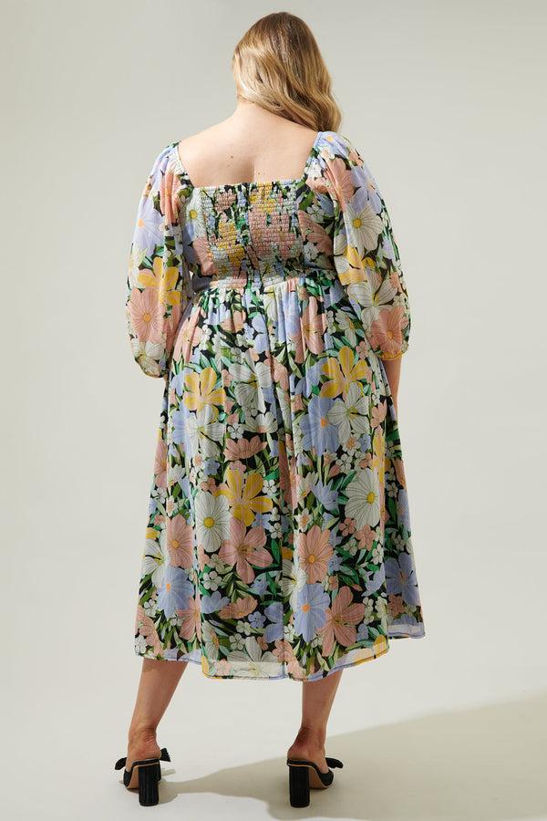 Sugarlips Topanga Floral Amaretto Puff Sleeve Midi Dress Curve