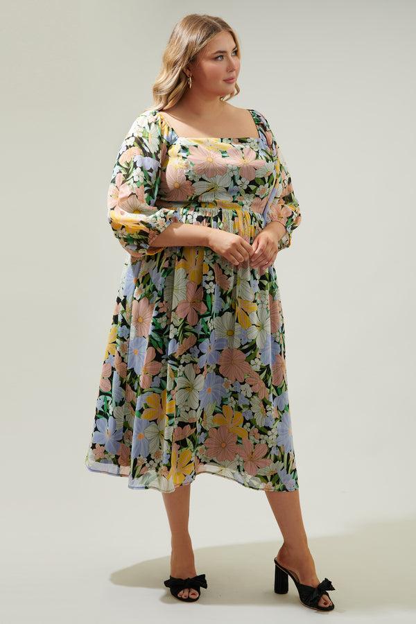 Sugarlips Topanga Floral Amaretto Puff Sleeve Midi Dress Curve