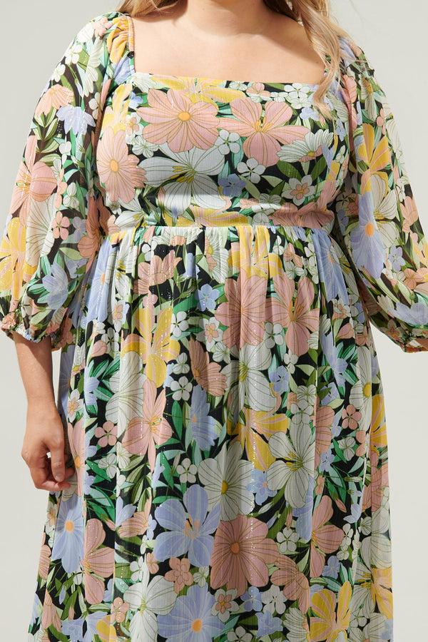 Sugarlips Topanga Floral Amaretto Puff Sleeve Midi Dress Curve
