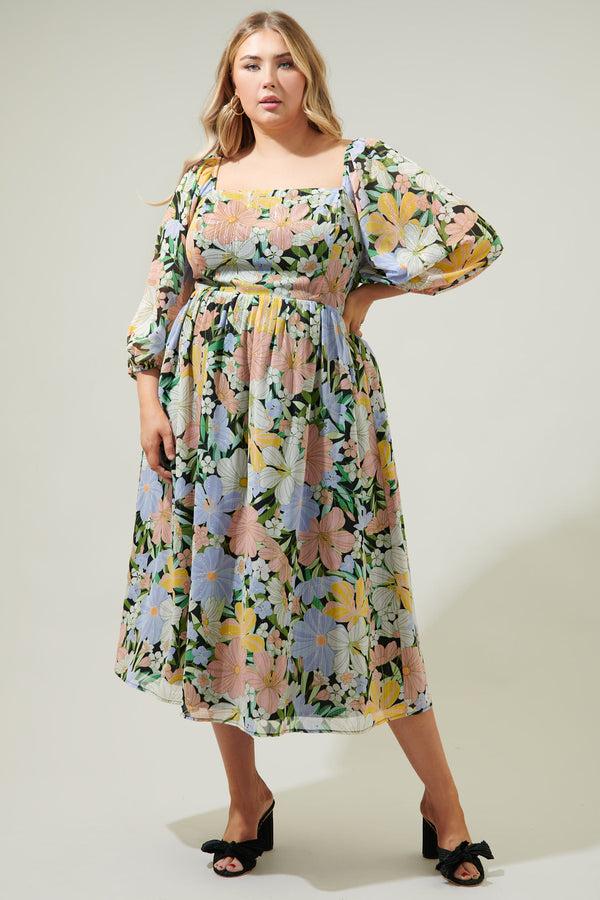 sugarlips Topanga Floral Amaretto Puff Sleeve Midi Dress Curve
