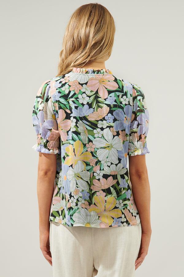 Sugarlips Topanga Floral Tailwind Henley Button Front Blouse