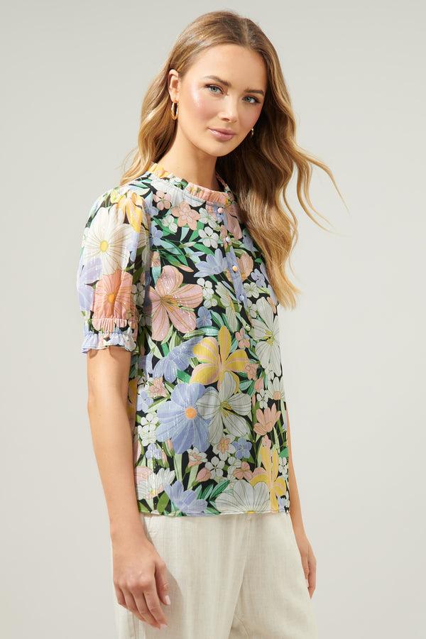 Sugarlips Topanga Floral Tailwind Henley Button Front Blouse