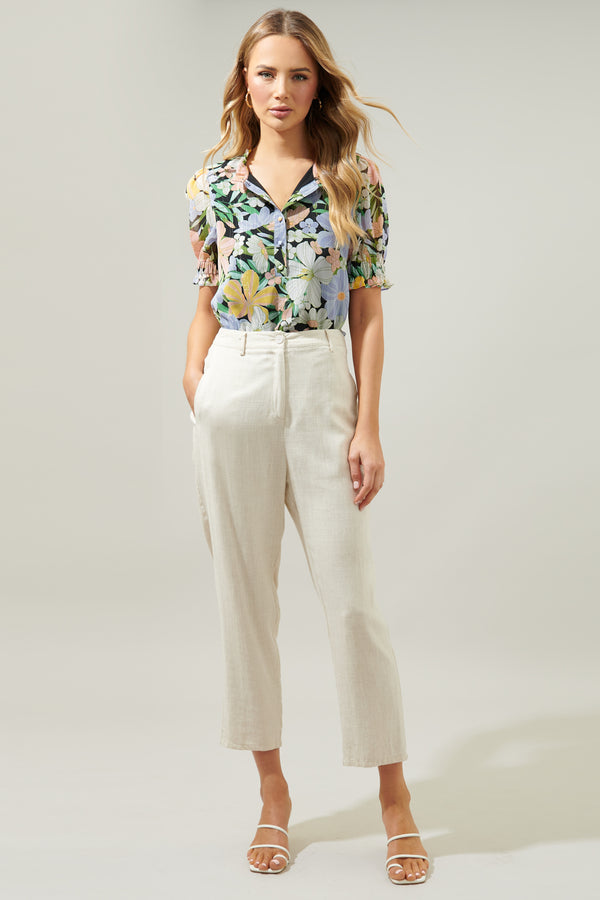 Sugarlips Topanga Floral Tailwind Henley Button Front Blouse