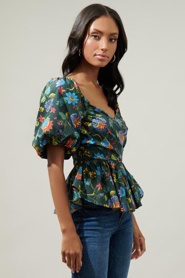 Sugarlips Topeaka Floral Theodora Surplice Peplum Blouse