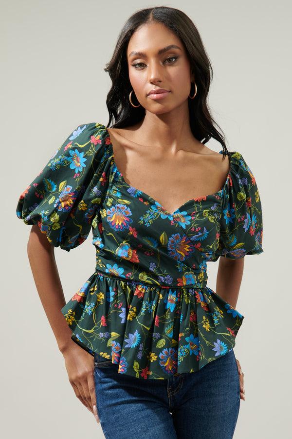 sugarlips Topeaka Floral Theodora Surplice Peplum Blouse