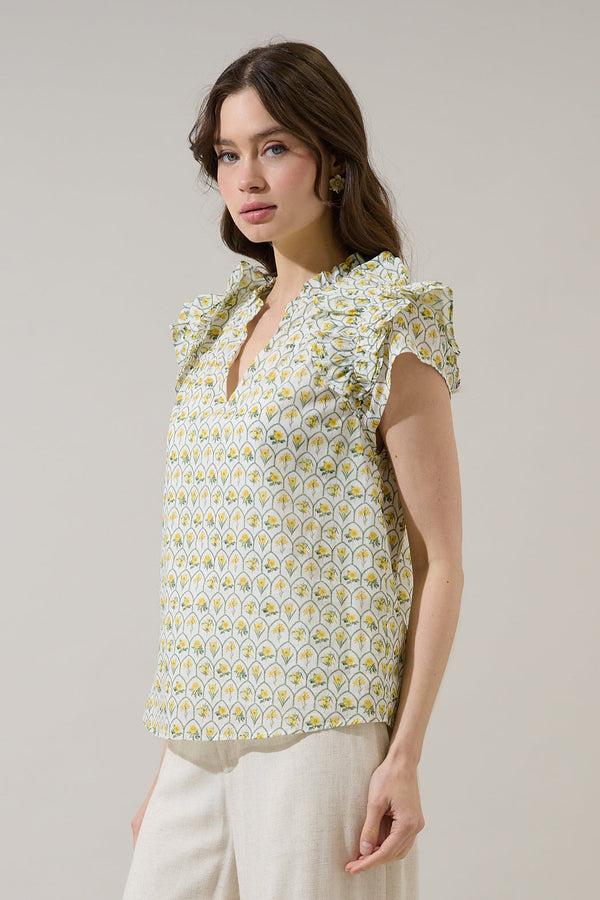 Sugarlips Trinny Floral Ramona Ruffle Split Neck Top