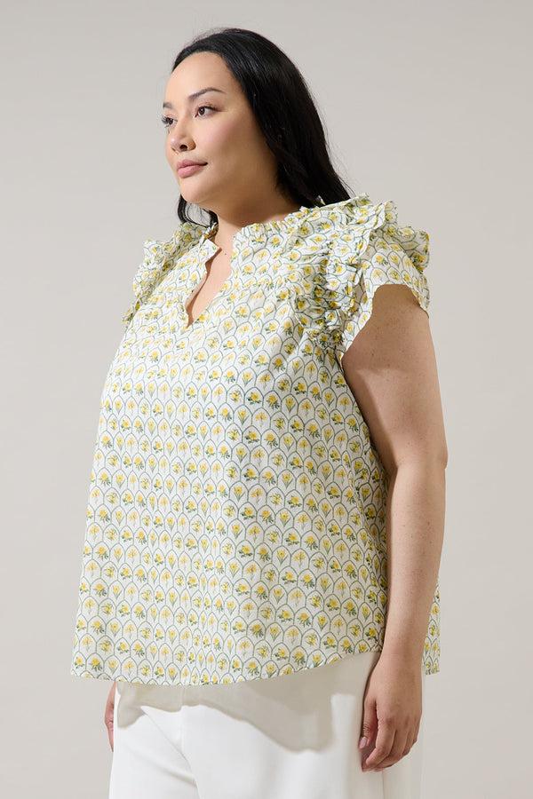 Sugarlips Trinny Floral Ramona Ruffle Split Neck Top Curve