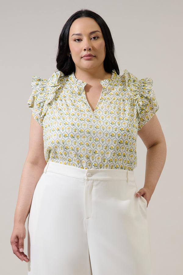 sugarlips Trinny Floral Ramona Ruffle Split Neck Top Curve